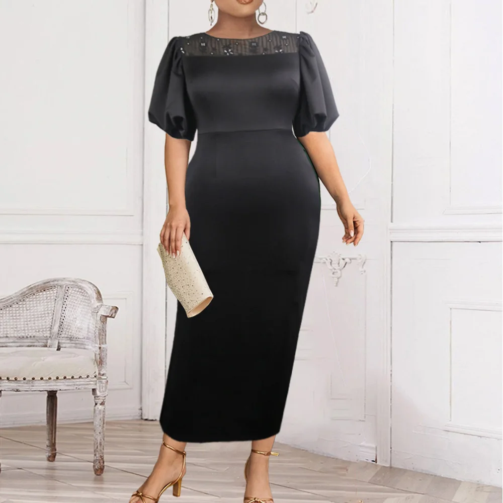 

Black Puff Sleeve Office Dress Women Elegant Mesh Floral Patchwork Midi Summer Robe Femme Maxi Party Casual Women's Vestido