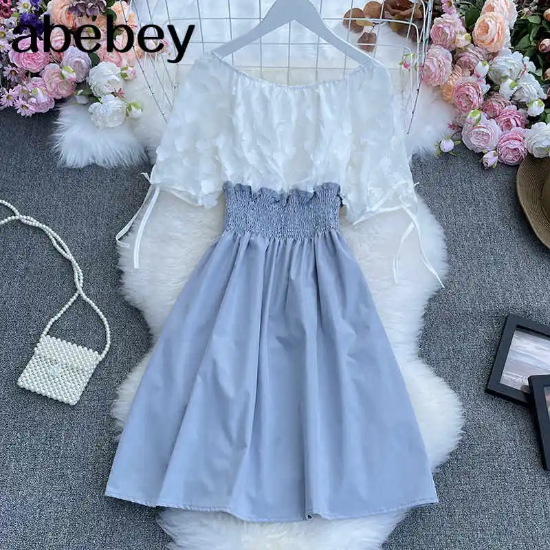 

2022 New Summer Sweet fake two piece Slash neck Dress three dimensional flower stitching waist closing slim Dress
