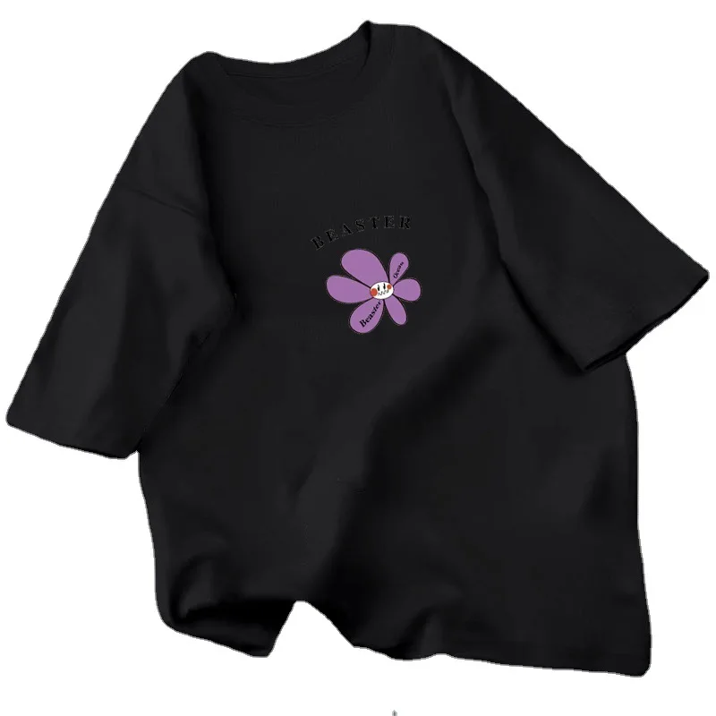 

2021 Summer Women Middle Sleeved T-shirts Large Size Loose Students Sport T-shirt Purple Sunflower Pattern Design Sportswear