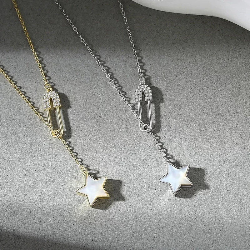 

New s925 Silver Plated Original Design Seashell Dream Star Pin Necklace, Simple and Delicate Pull Collarbone OL Style Necklace