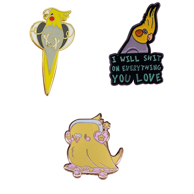Skateboarding Budgie / Cuddling Cockatiel Fun Hilarious Brooch Cute yellow Birds Pet Pins Parrot Badge
