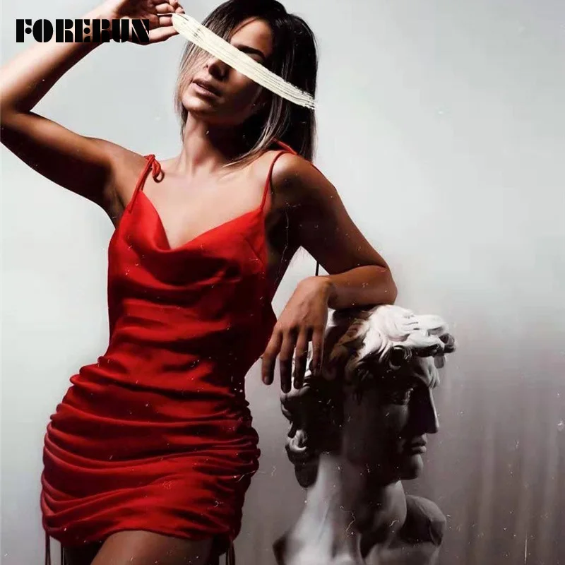 Женское атласное платье на бретельках FORERUN однотонные вечерние облегающие