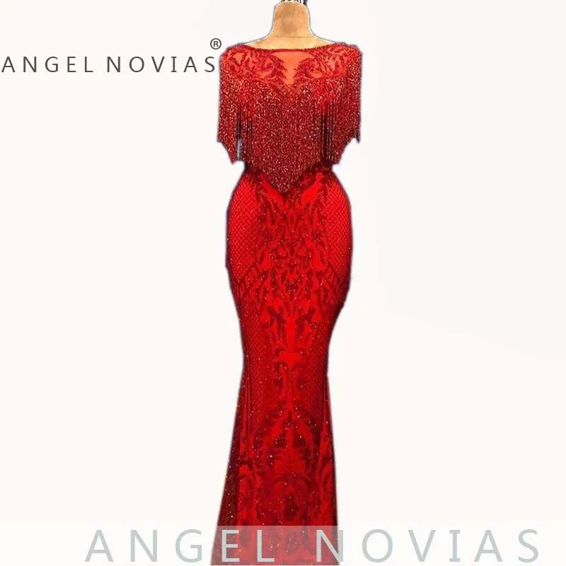 Angel Novias длинное платье русалки с красной вышивкой, кружевные арабские Длинные вечерние платья без рукавов, платье с кристаллами и кисточками, Vestidos De Noche