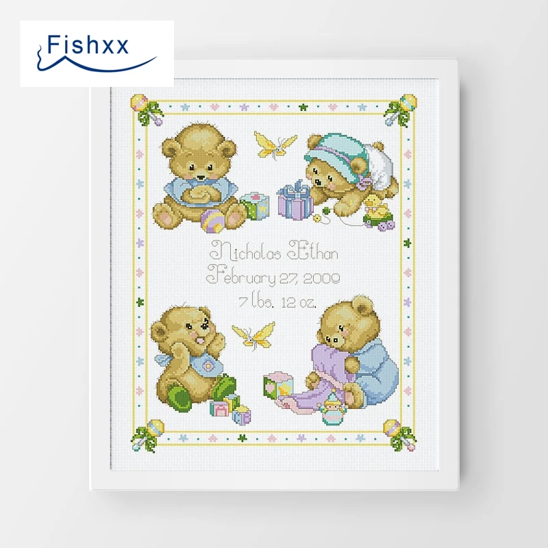 

Fishxx Cross Stitch Cute Cartoon Bear Baby Date of Birth DIY Alphabet European Style Kids Room Decoration Kit