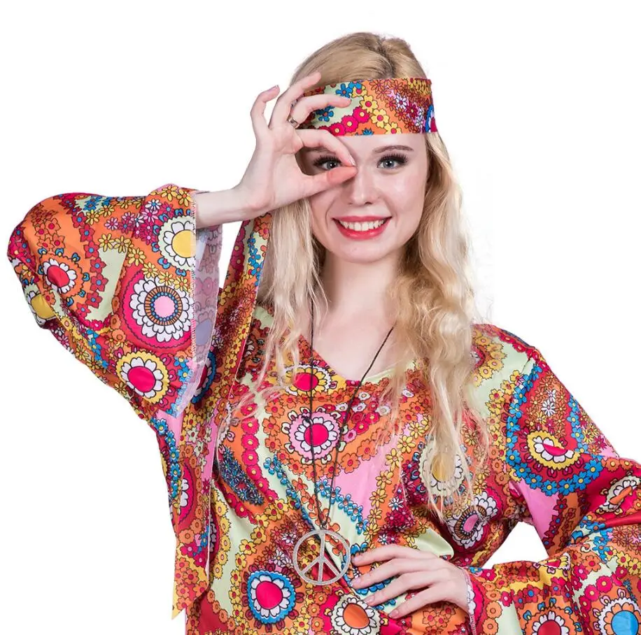 

2019 Flower Printed Long Sleeve Boho Dresses Hippie Dress With Headband Adult Halloween Cosplay Plus Size Halloween Costumes