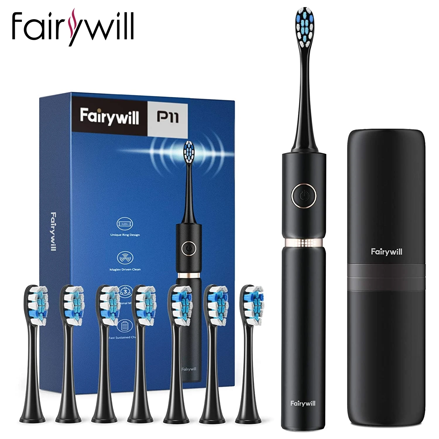 Fairywill P11 Sonic Electric Toothbrush Whitening Rechargeable Ultra Powerful USB Charger Waterproof 4 Heads and 1 Travel Case
