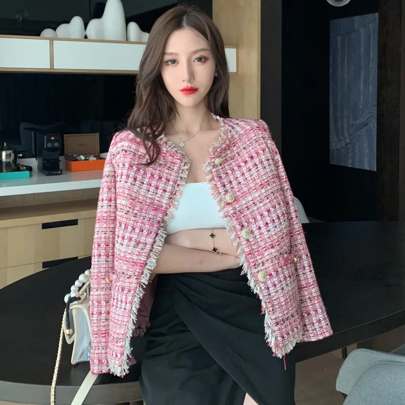 2019 осень зима маленький ароматный розовый твидовый в клетку куртка пальто