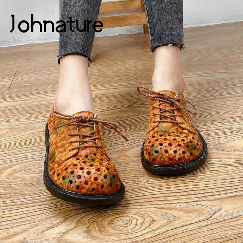 

Johnature Genuine Leather Shoes Women Sandals Lace-Up Mixed Colors Retro 2022 New Hollow Concise Handmade Leisure Ladies Sandals
