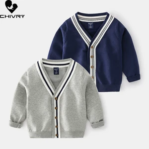 New 2021 Kids Children Fashion Cardigan Sweater Autumn Winter Boys Striped V-neck Button Knitted Sweaters Tops Jackets Clothing