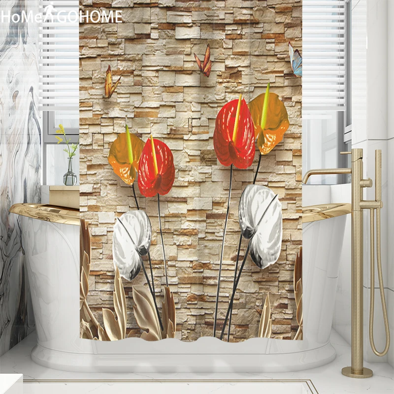 Водостойкая занавеска для душа с кирпичной стенкой цветочными маками 3D из