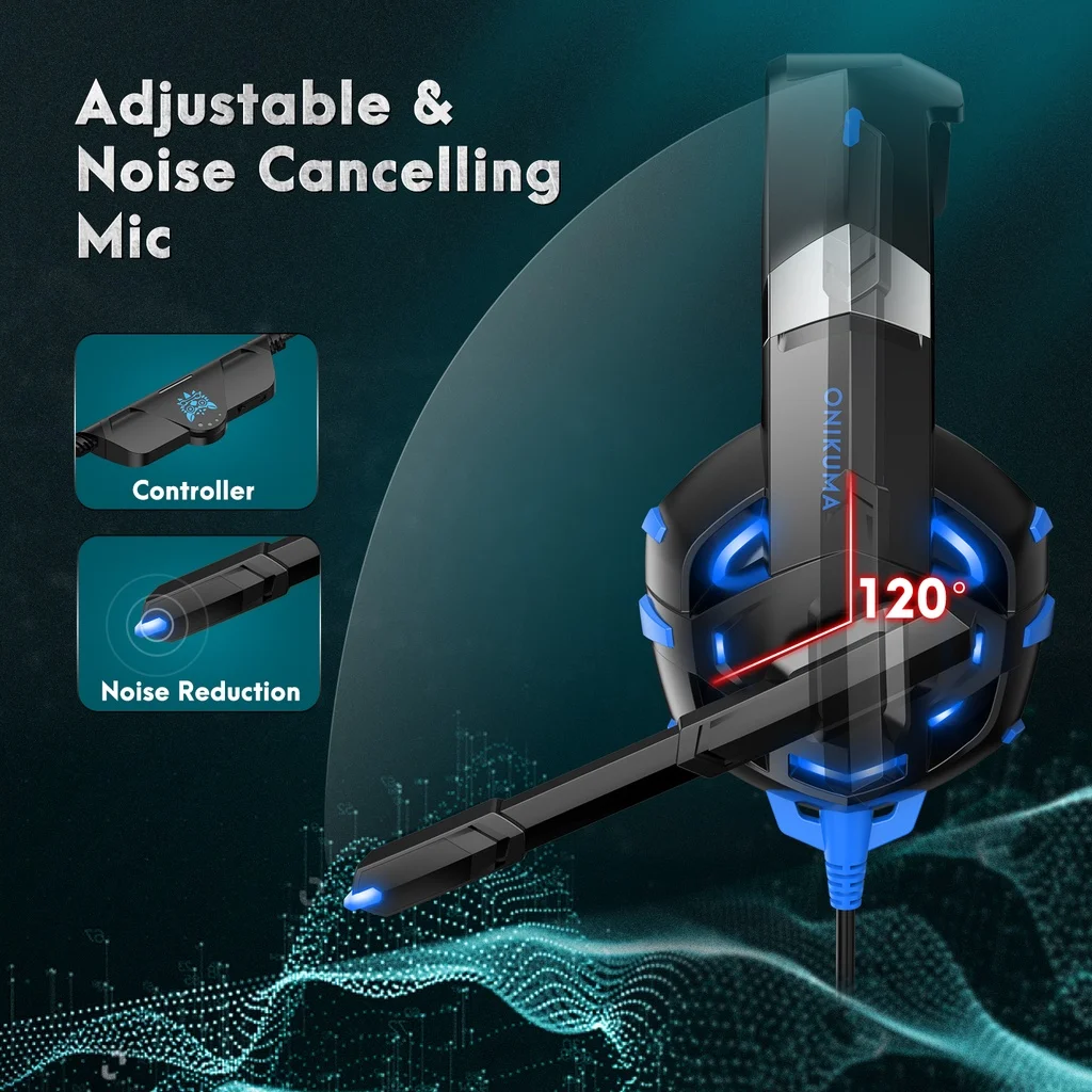 onikuma k2 pro gaming headset with mic and noise cancellation headphone gaming with led light for mobile phone laptop ps4 ps5 pc free global shipping