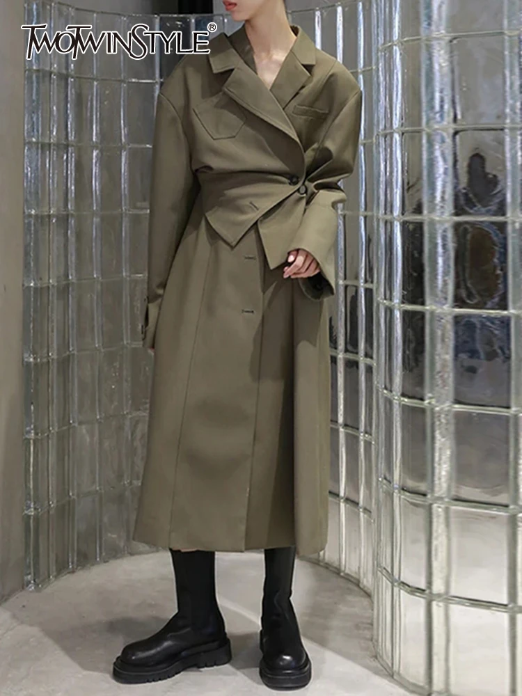 

TWOTWINSTYLE Patchwork Trench Coats For Female Lapel Collar Long Sleeve High Waist Slimming Women's Coat Autumn Fashion New