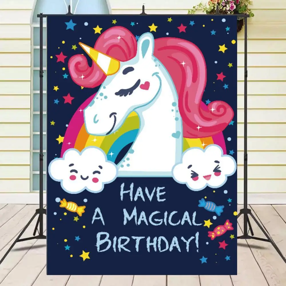 

Magical Happy Birthday Backdrop for Photography Cartoon Unicorn Background for Photo Studio Newborn Baby Shower Cake Table Favor