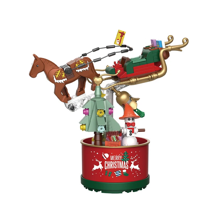 

2022 Winter Rotating Christmas Elk Carriage Desktop Ornaments Building Blocks Bricks Christmas Toys