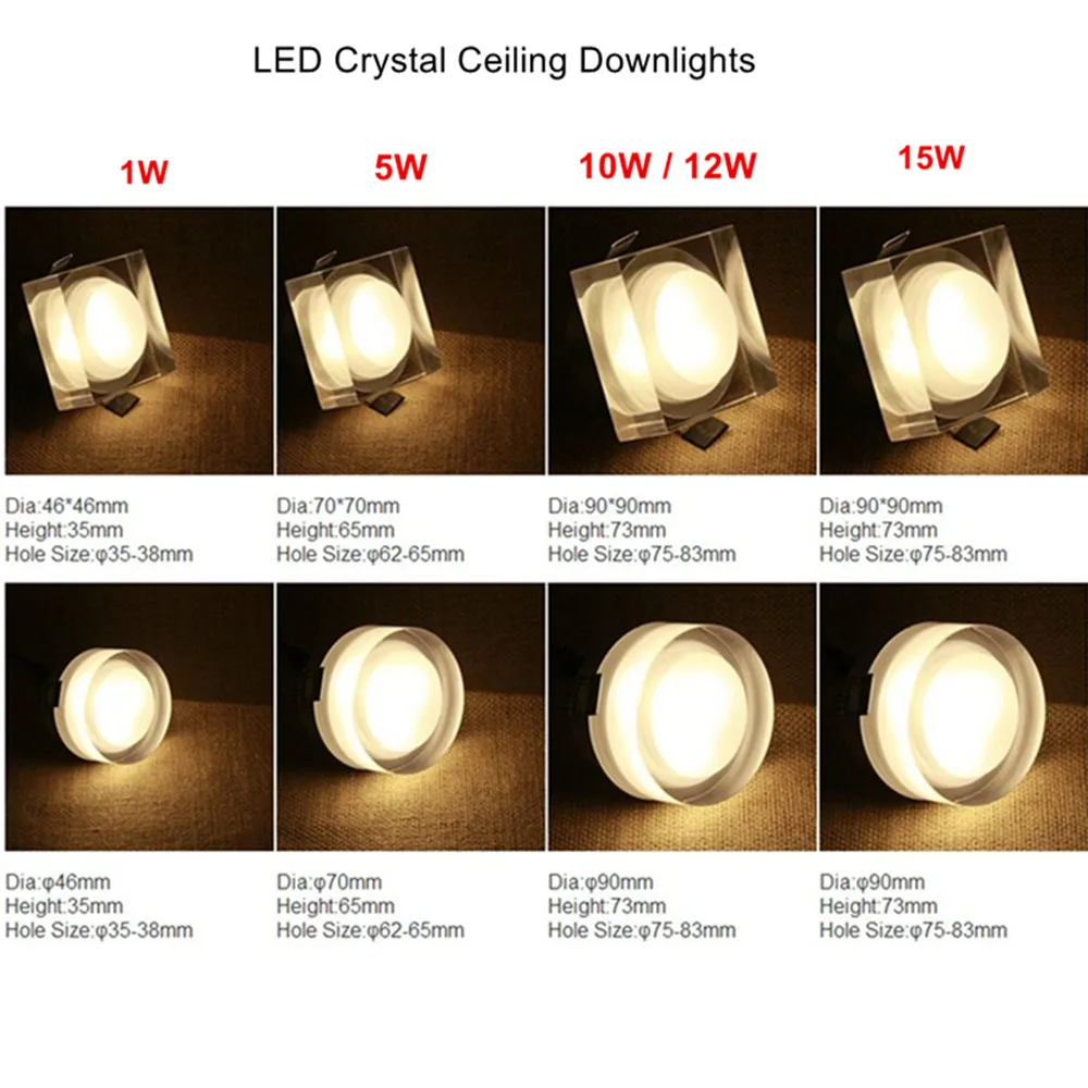 Luz descendente de LED de cristal lámpara LED empotrable para decoración del hogar, 5W, 10W, 12W, 110V, 220V