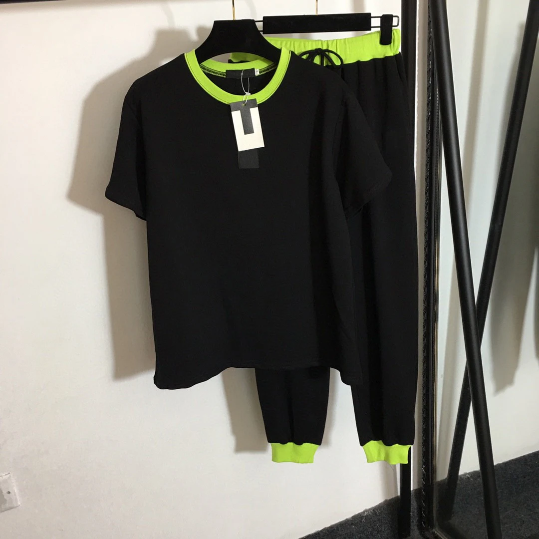 110703 Summer New High Quality Classic Fashion Letters Print Short Sleeve High Steet Tshirt + Elatsic Waist Casual Pant Suit A2