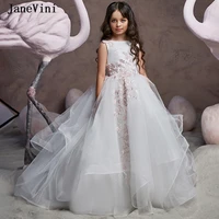 janevini elegant white ball gown long flower girls dresses lace appliques sleeveless puffy tulle sweep train girl dinner dress