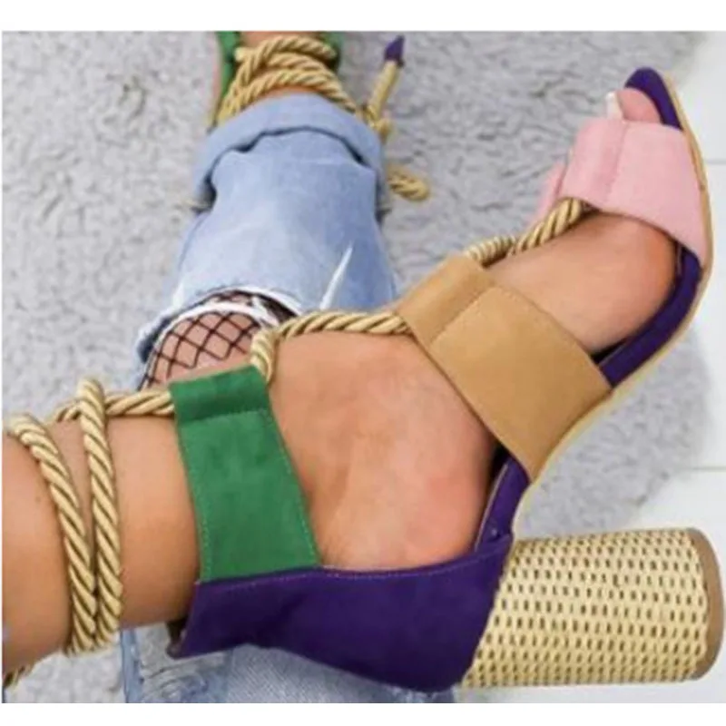 

Сандалии женские на высоком каблуке, босоножки-гладиаторы, открытый носок, на шнуровке, квадратный каблук, обувь на лето