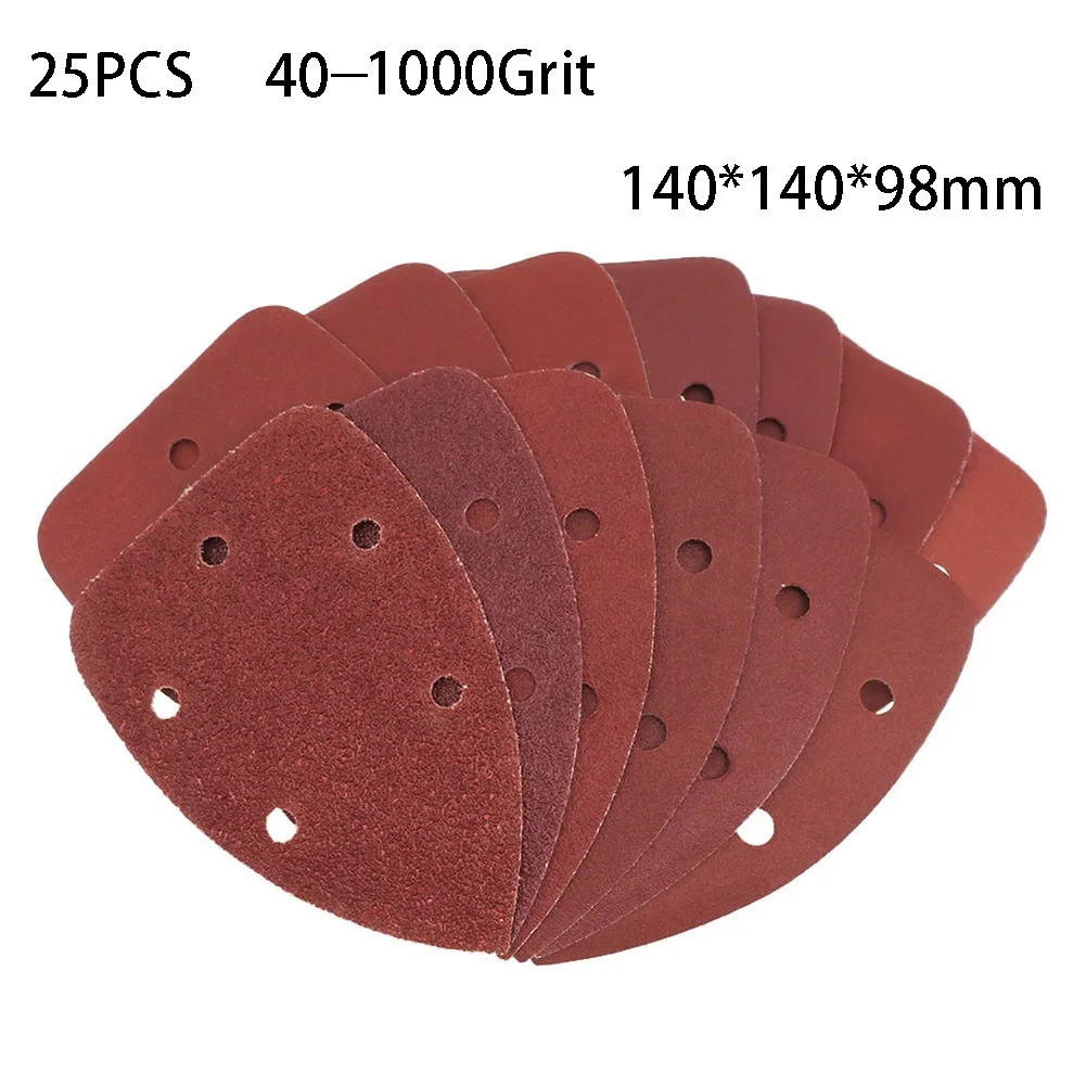 

25pcs 140*98mm Alumina Sandpaper Triangle Sander Hook Loop Sanding Disc Grit 40-1000 5 Holes For All 140mm Detail Sanders