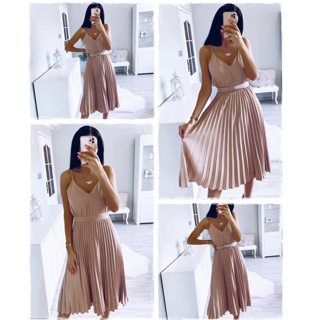 

Womail Dress Women Sexy spaghetti strap summer dress pink female pleated dress Casual office party Sundress Vestidos Mujer robes