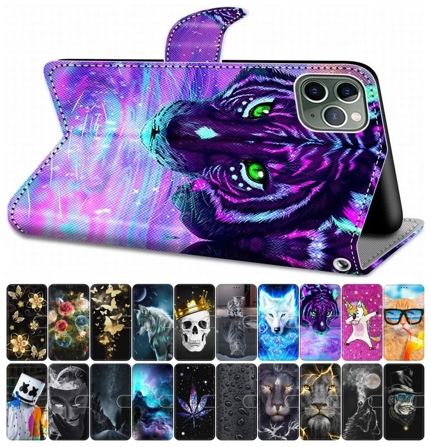 

For Case Samsung Galaxy M40 A750 A70 A60 A6 A7 2018 Flip Leather Book Cover Phone Case Cute Capa Cat Dog Unicorn Tower DP08F