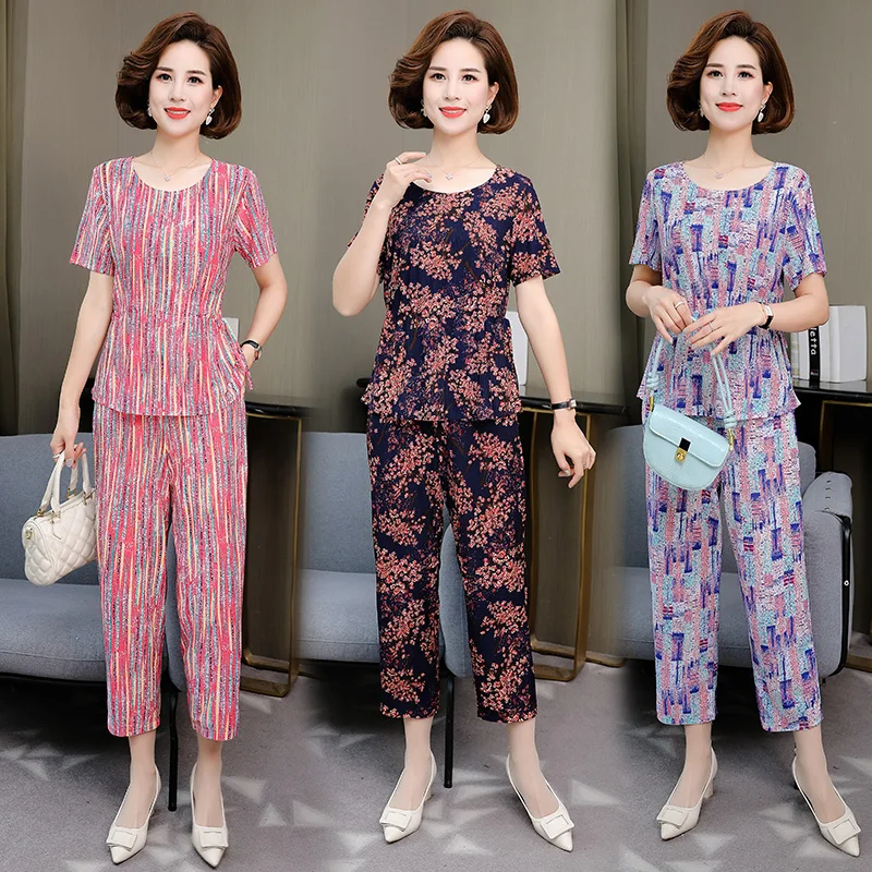 

Large Size Women 2 piece Set New Loose Print Short-sleeved T-shirt Tops + Pants Middle-aged Mother Summer Suit Plus Size 5XL