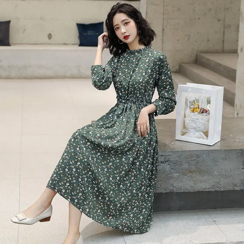 

Women's Spring Autumn Chiffon Dress Printed Loose Long Sleeve O-Neck Tassel Korean Casual Dress AA3179