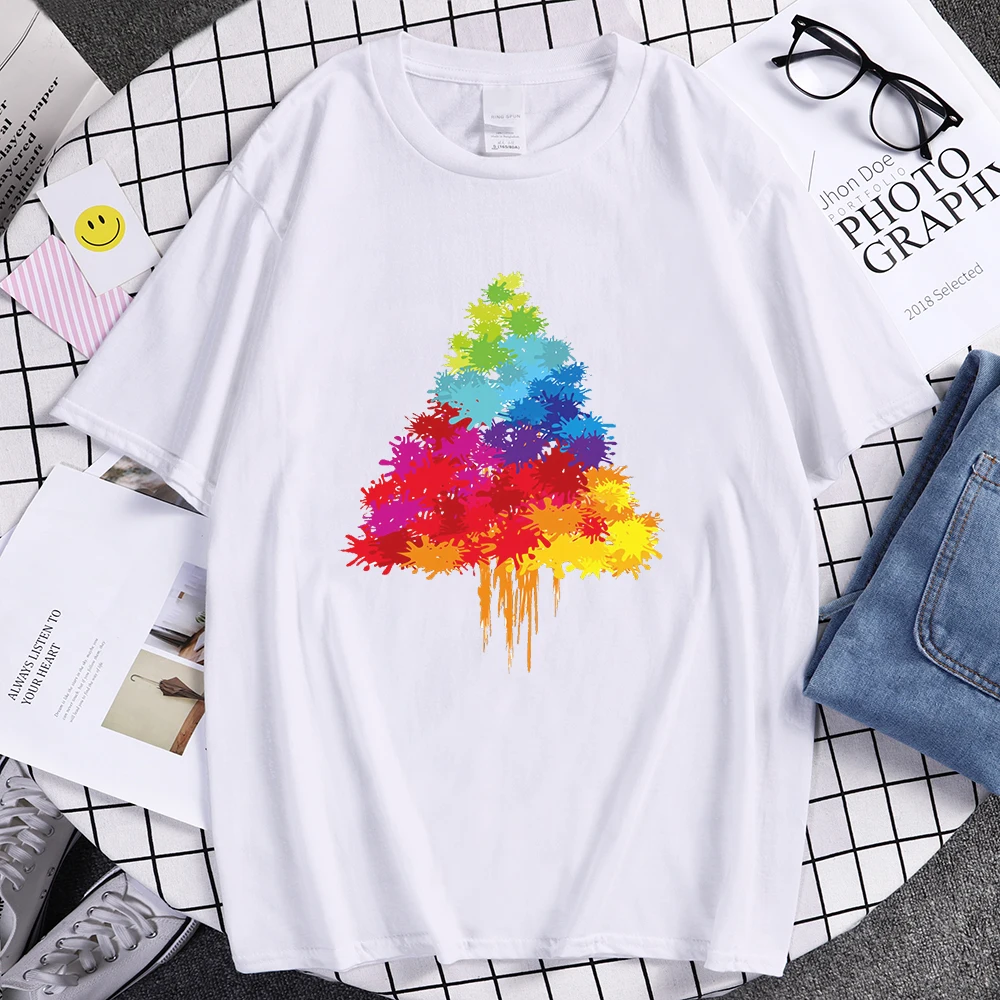 

Rainbow colored Christmas tree print Female t Shirts fashion new t shirts Hip hop Breathable top anime Crewneck Women T Shirt