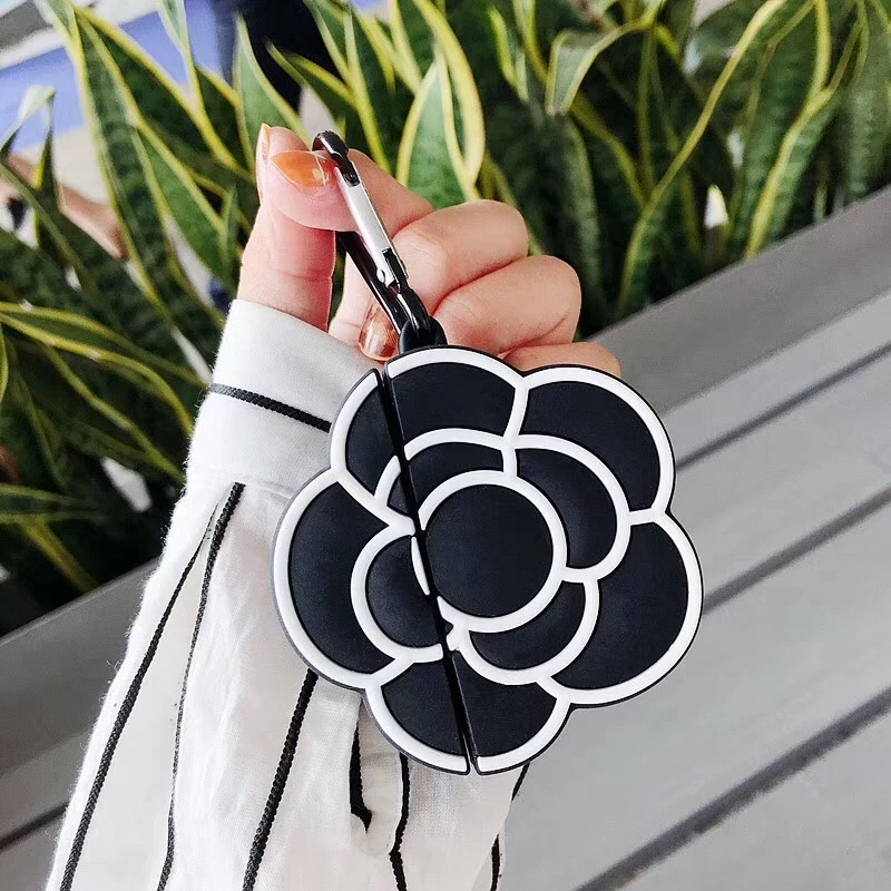Case for AirPods Cartoon Earphone Cases Apple 1 2 Cute Accessories Protect Cover with Keychain Black Camellia Design | Электроника