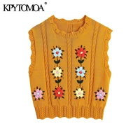 kpytomoa women 2021 sweet fashion floral embroidery cropped knit vest sweater vintage sleeveless female waistcoat chic tops