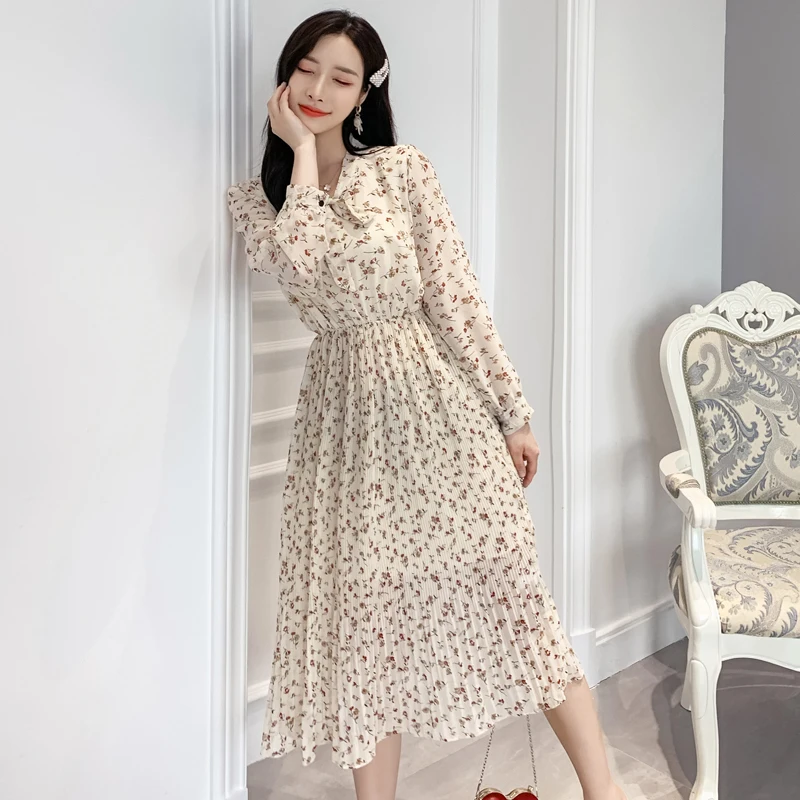 Женское Плиссированное шифоновое платье трапеция с высокой талией и принтом