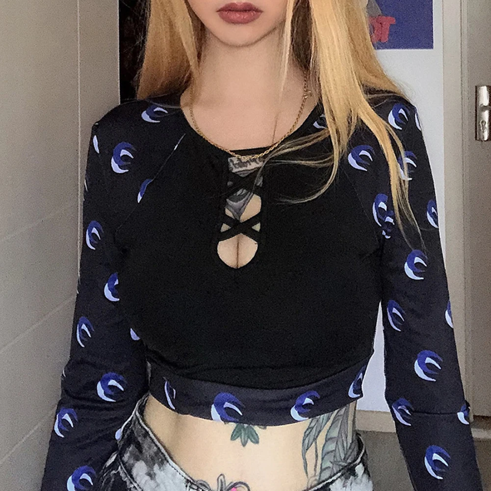 Y2K EGIRL Готическая Луна Partten лоскутные сексуальные футболки Harajuku с вырезами