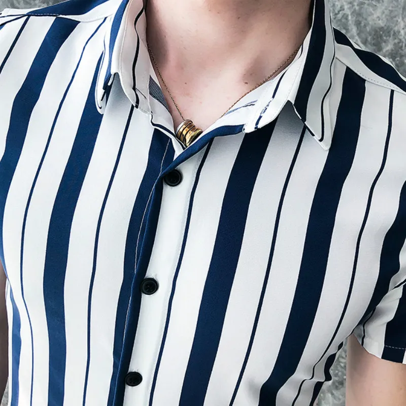 

New Arrival Stripe Shirt Men Summer Short Sleeve Slim Fit Mens Business Casual Shirts High Quality Men Clothes Camisa Masculina