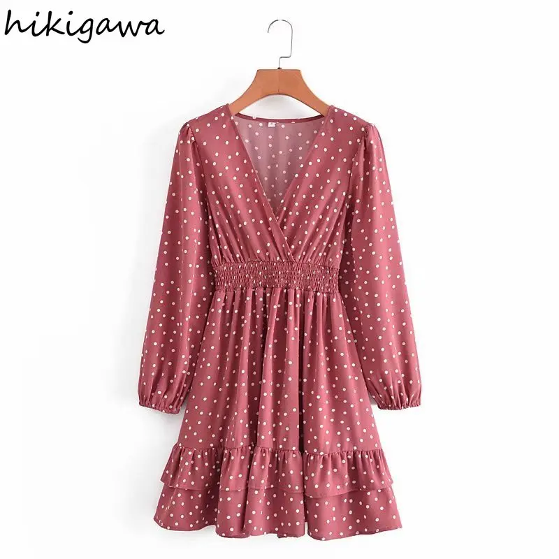 

Осеннее платье Hikigawa с V-образным вырезом и длинным пышным рукавом, плиссированные платья для женщин 2021, эластичные облегающие платья в горош...