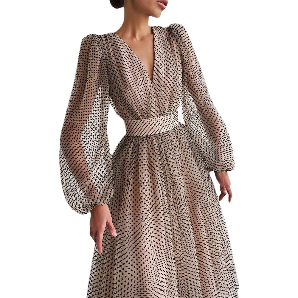 

Elegant Fashion Party Dresses For Women Puff Sleeve Dot Printing V-neck Maxi Dress Ladies Ball Gown Vestidos