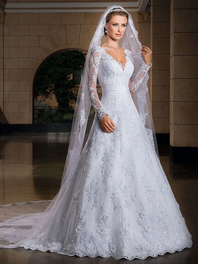 

muslim Hot Sale Good Quality Elegant Closed Back Lace Long Sleeve dubai кепка bridal gown Sash 2021 Bespoke Wedding Dresses