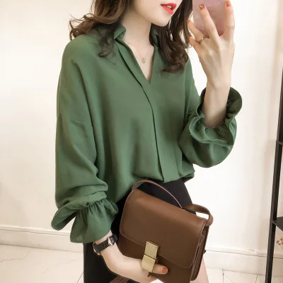 Женская шифоновая рубашка с длинным рукавом однотонная Повседневная Блузка