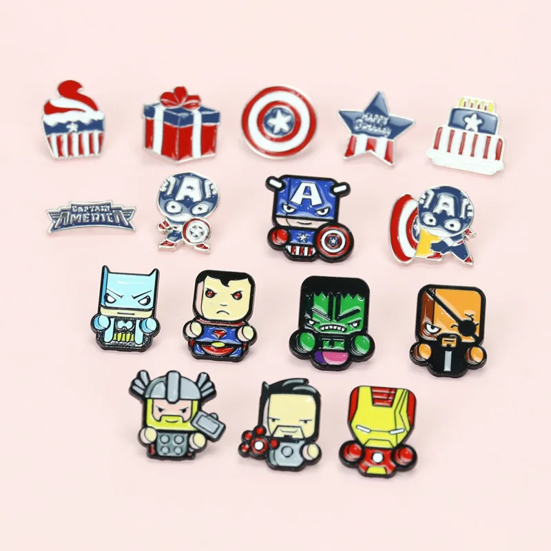 

Cartoon Comics Character Brooch Metal Pins Super Hero Cute Studios Detective Enamel Pin Captain Shield Villain Badge Jewelry