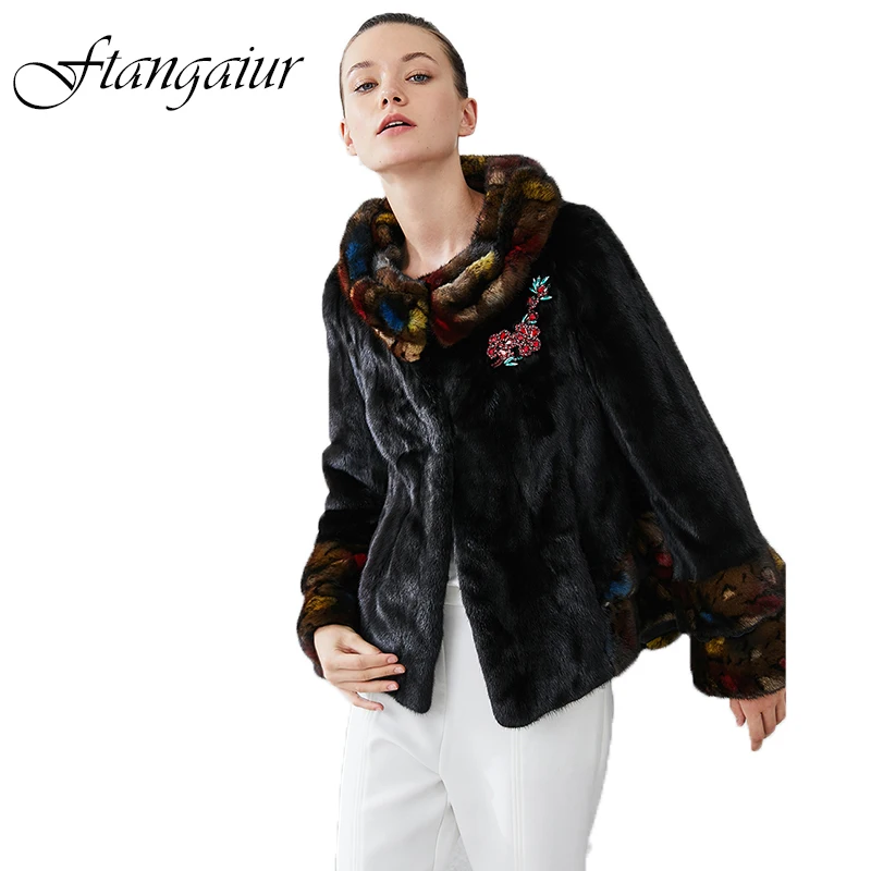 

Ftangaiur New Update Winter Imported Velvet Mink Fur Coat Patchwork Pattern O-Neck Mink Coat Women Short Real Mink Fur Coats