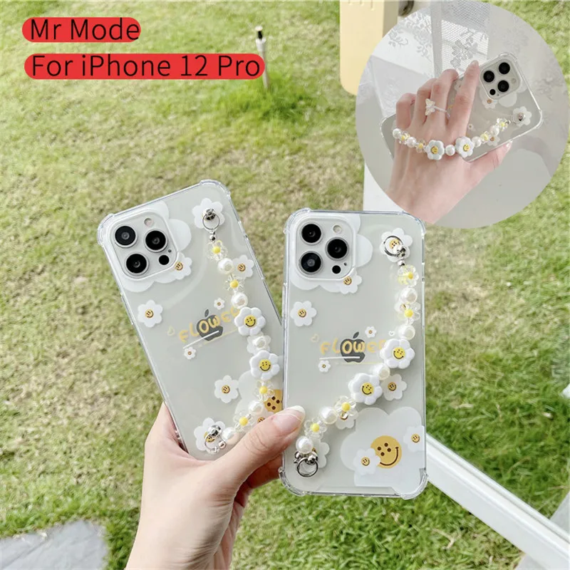 

Cute Smiley Flowers Pattern Chain Wristband Protective Cover Phone Case Shell For iPhone 12 MiNi 11 Pro XS MAX XR X SE2 8 7 Plus