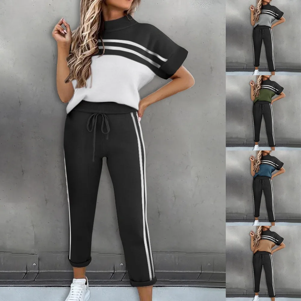 

Women Summer Casual Loose 2 Piece Set Side Stripes Drawstring Design Pockets Decor Mid Waist Long Pants+O-Neck Short Sleeve Top