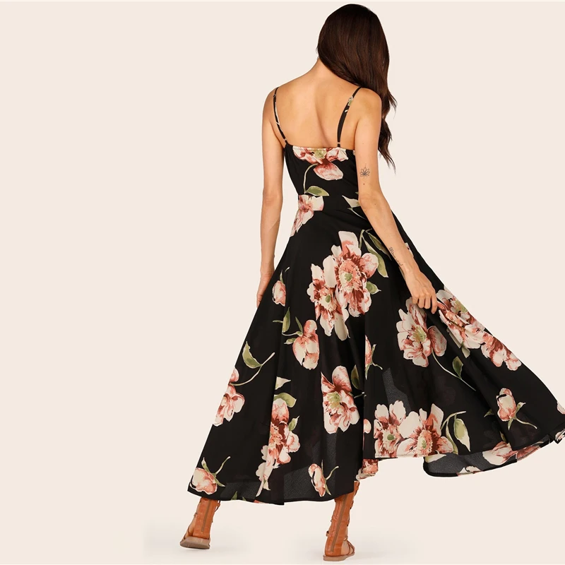 SHEIN сексуальное платье на бретельках с принтом в виде тюльпанов, женские платья без рукавов, летние платья с высокой талией
