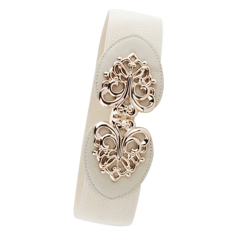 

Women Metallic Retro Flower Elastic Stretchy Dress Narrow Waist Belt Band, Beige