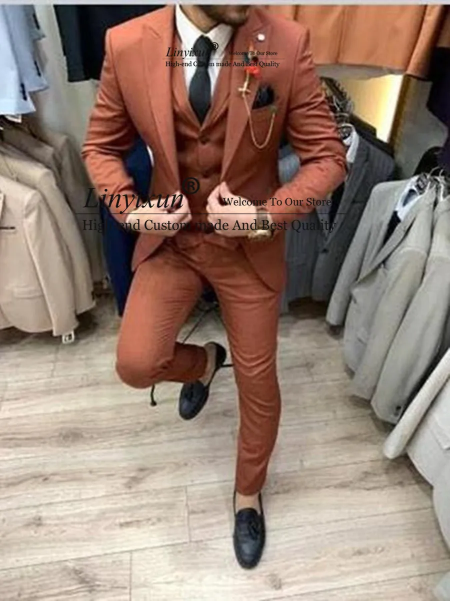 

Orange Latest Designs Wedding White Men Suits For Business Street Smart Casual Slim Fit Terno Tailor Made Costume 3 Pieces
