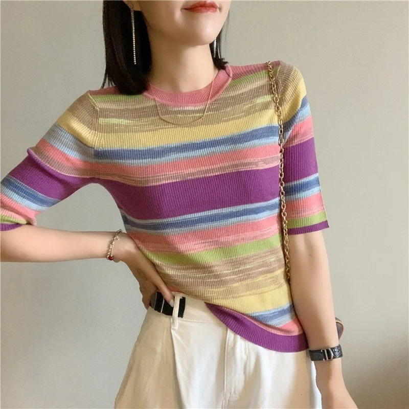 

2021 Fashion T-Shirts for Women Knit Tops O-Neck Tees Rainbow Striped T Shirts Summer Autumn Japanese Harajuku Korean Style ins