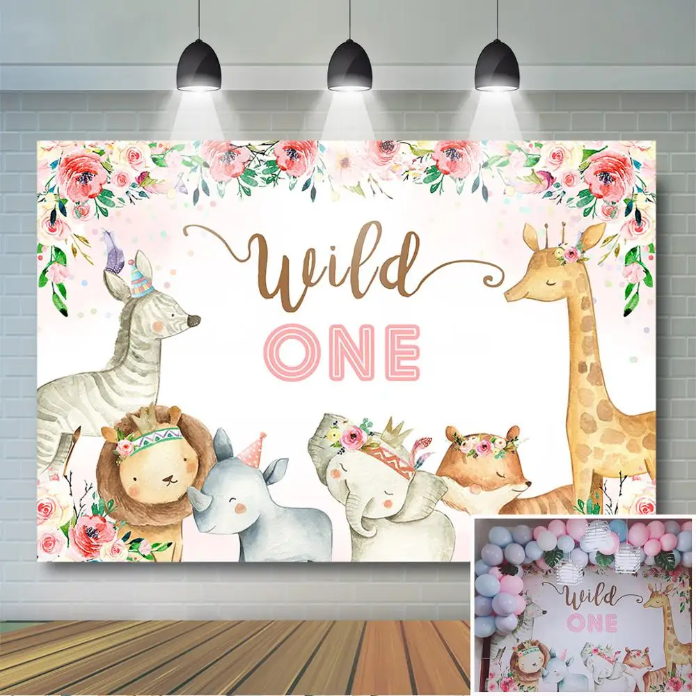 

Safari Wild One Backdrop Pink Floral Jungle Animals Girl 1st Birthday Background Girl's First Birthday Party Banner Decoration