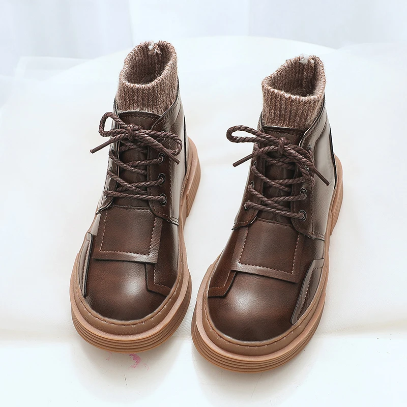 

Platform Martin Boots Young Women Autumn Winter Vintage Leather Stitching Ankle Boots Students Comfort Lace-up All-match Shoes