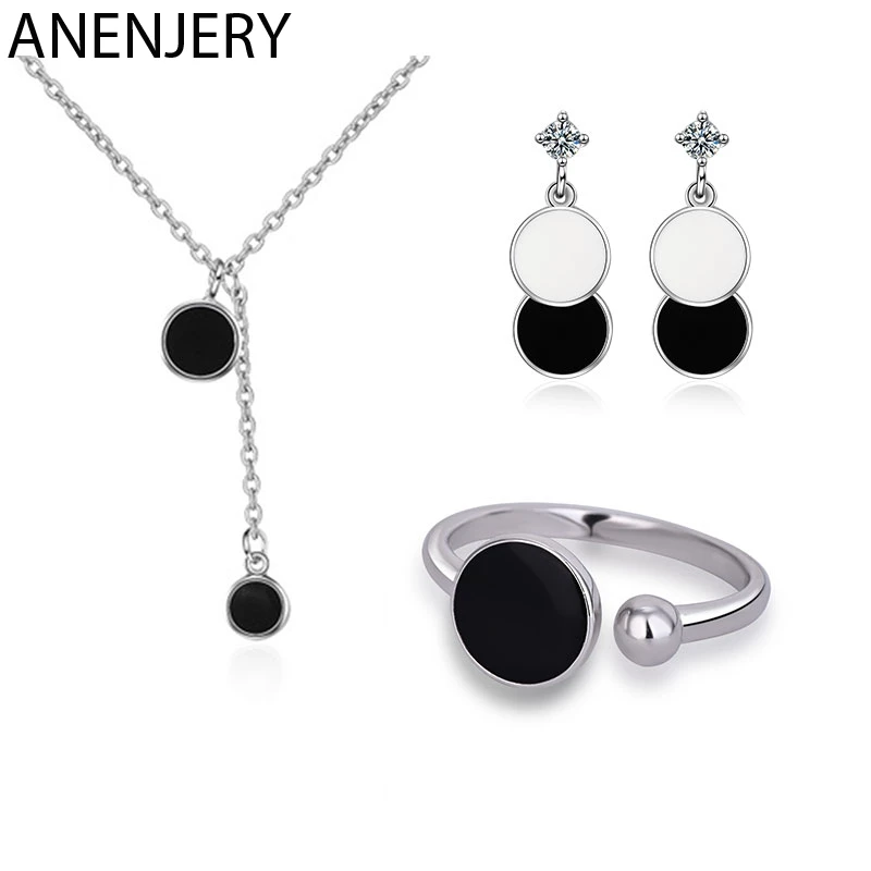 

Evimi 925 Silver Color Jewelry Sets Epoxy Black Round Wafer Necklace+Earrings+Ring For Women Korean