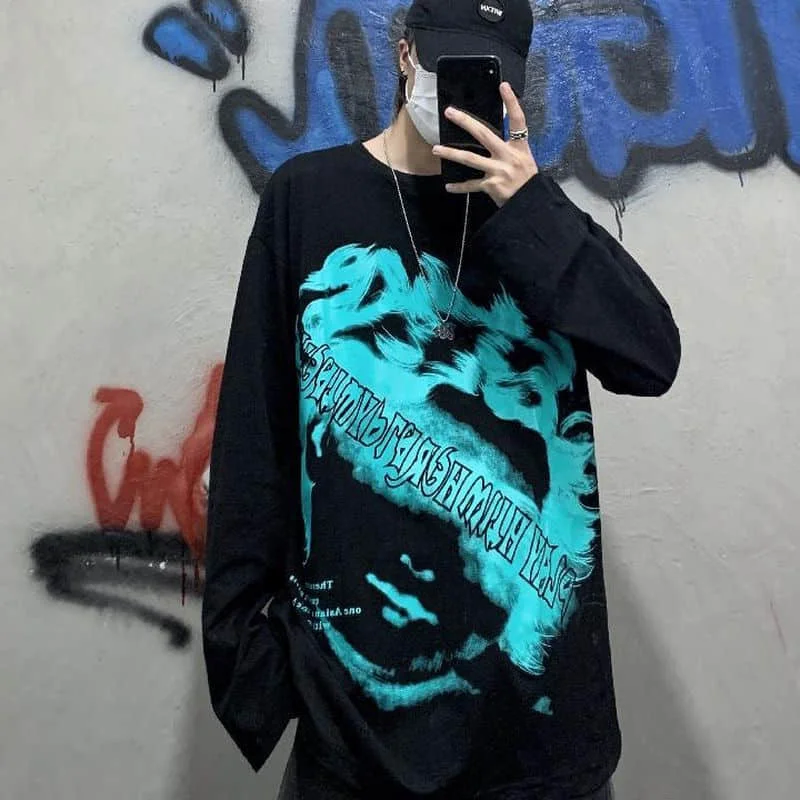 

T-shirt Men's And Women's Retro Autumn Fashion High Street Smoke Portrait Loose Couple Long Sleeves Harajuku Vintage Long Sleeve