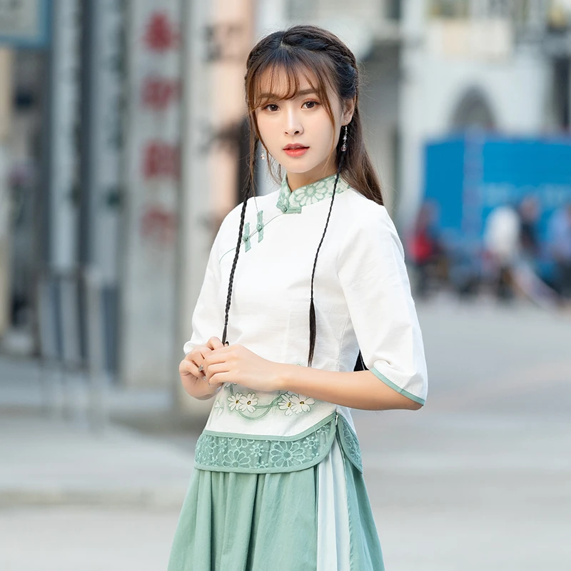 Cheongsam блузка китайский стиль девушка кружева сплайсинга крашения двух частей
